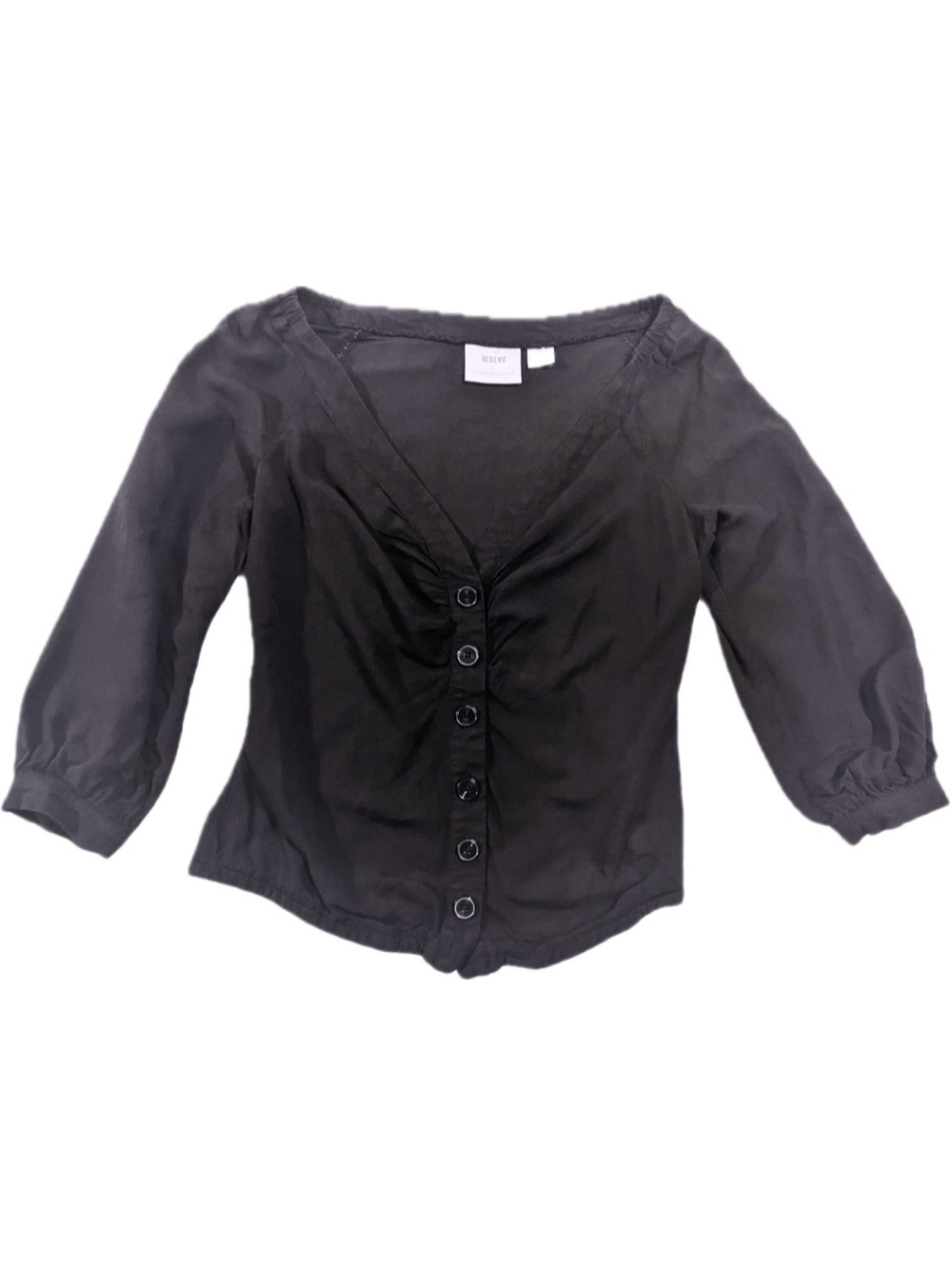Maeve by Anthropologie Navy Ruched Button Front Peasant Blouse - Size 4 - Picture 2 of 5